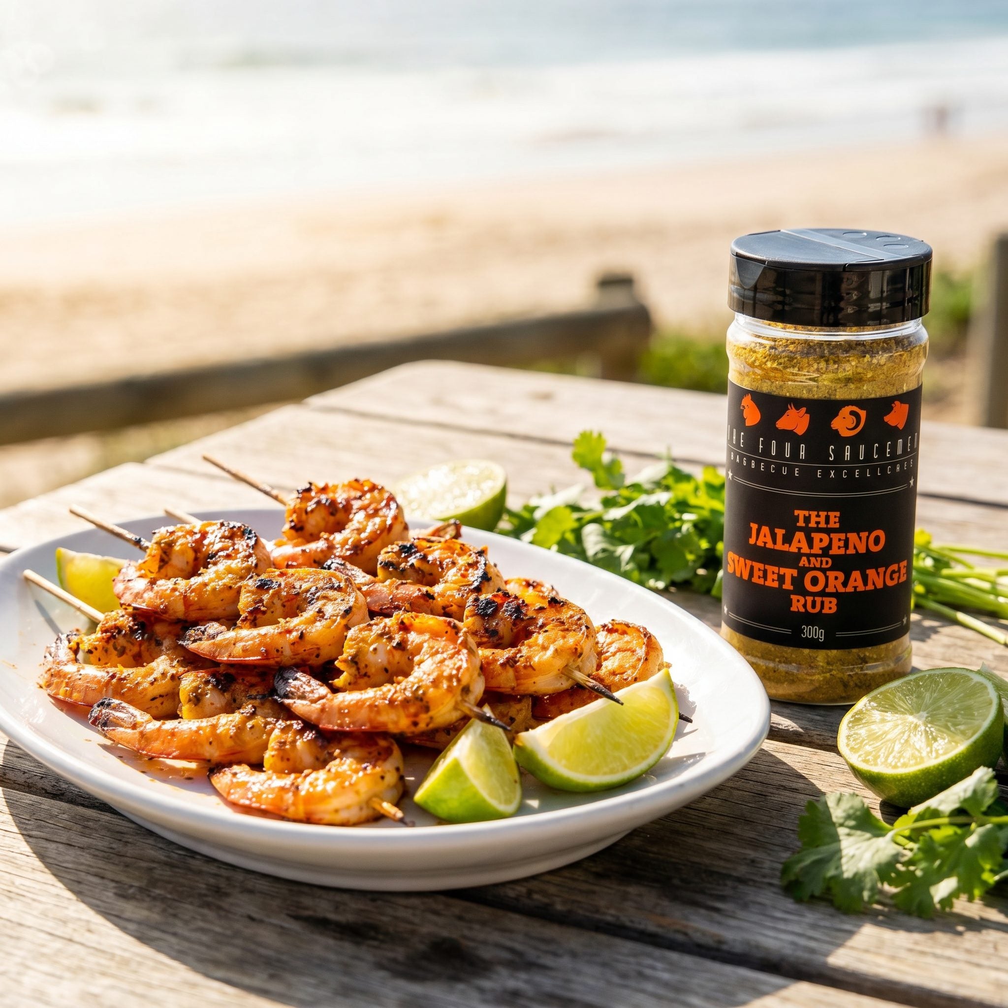 Four Saucemen Jalapeno and Sweet Orange Rub - char-grilled prawn skewers with lime