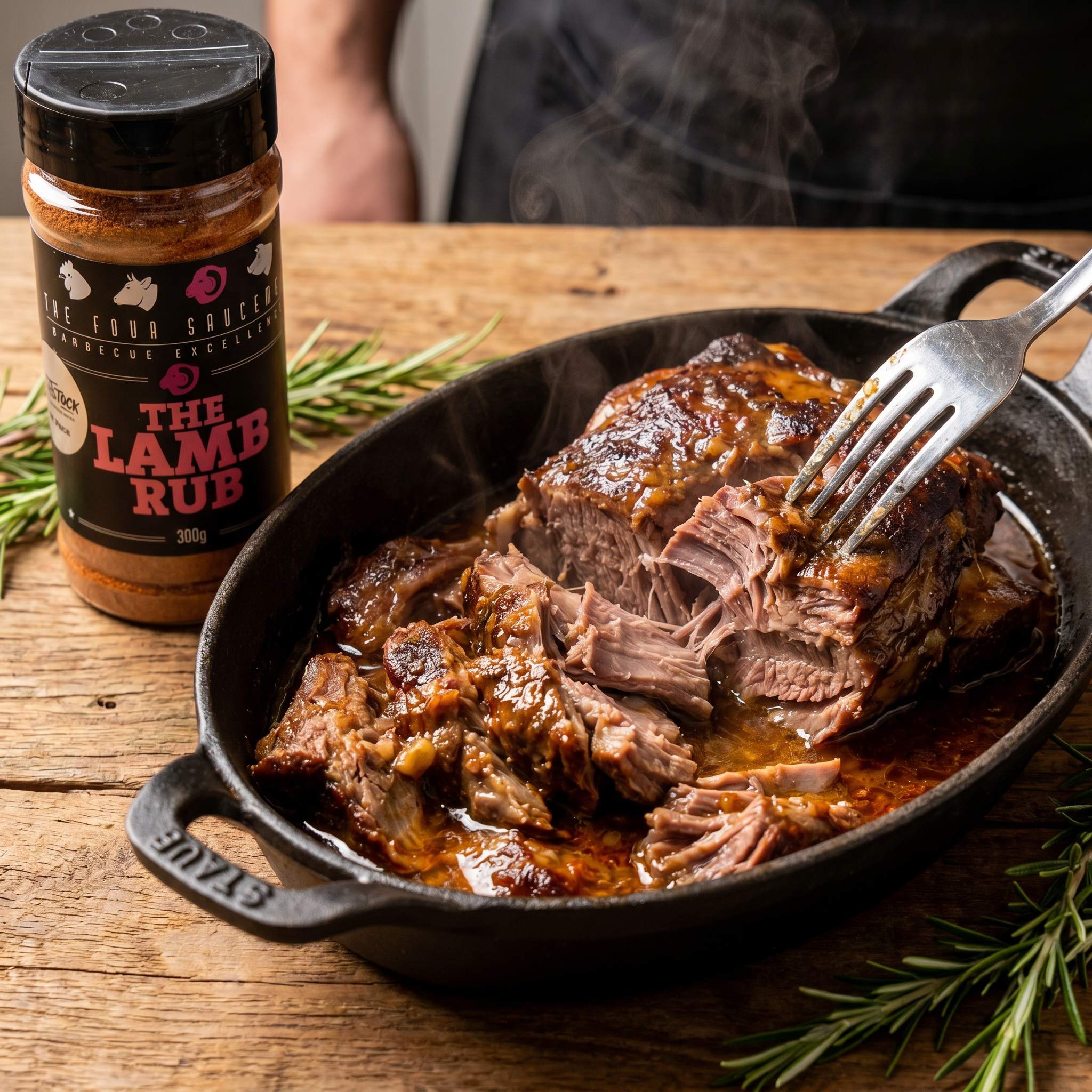 Four Saucemen The Lamb Rub - pull-apart lamb shoulder in a cast-iron dish