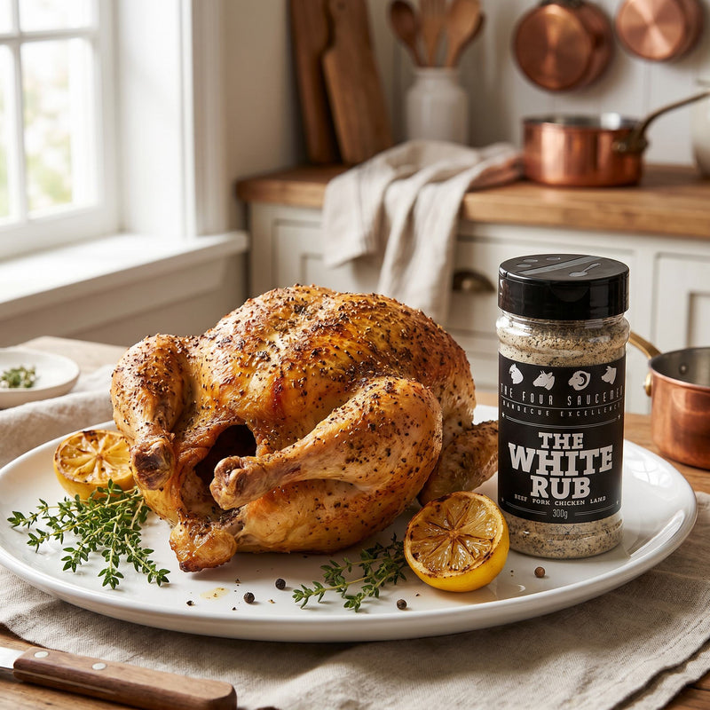Four Saucemen The White Rub - whole roast chicken with golden seasoned skin, best-seller lifestyle photo lifestyle photo