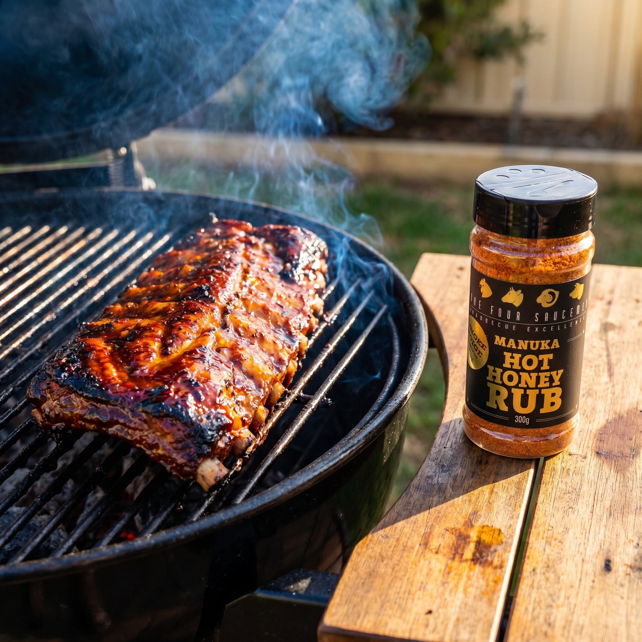 Four Saucemen Manuka Hot Honey Rub - rack of glazed pork ribs on the grill