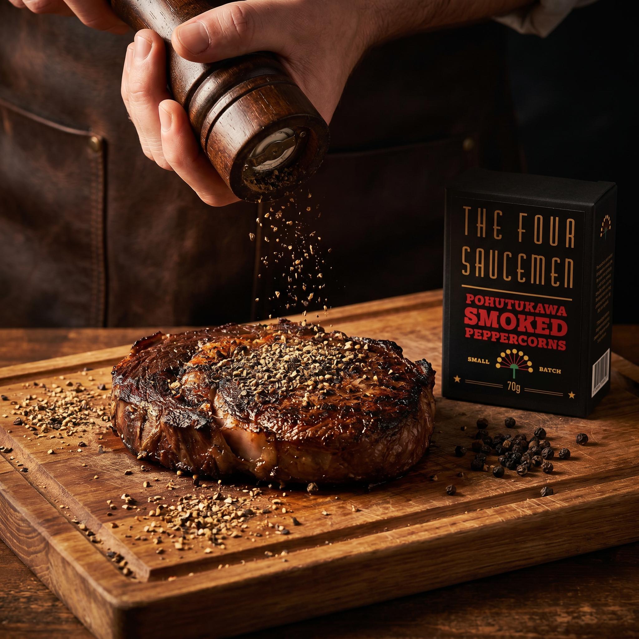 Four Saucemen Pohutukawa Smoked Peppercorns - freshly ground pepper over a rested steak