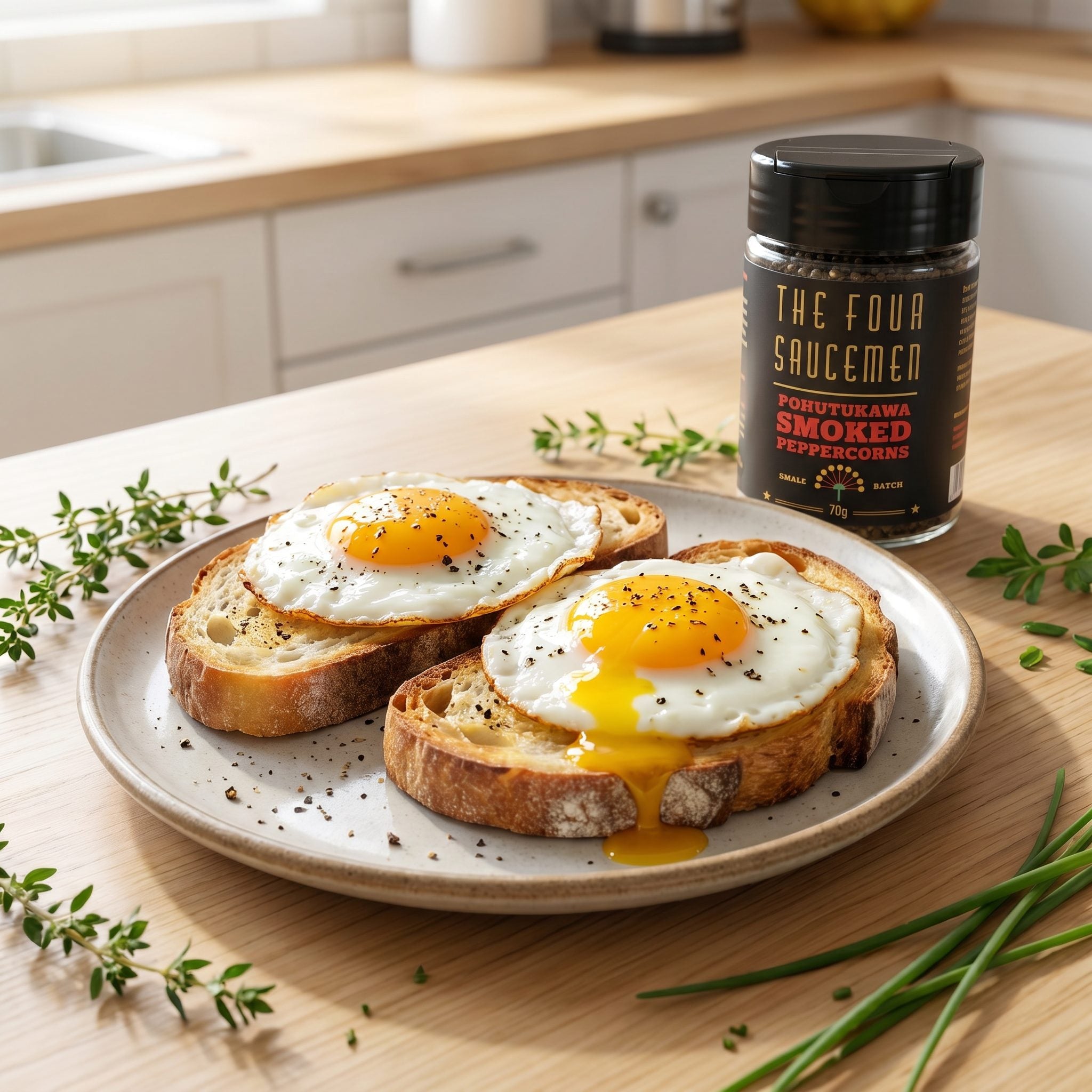 Four Saucemen Pohutukawa Smoked Peppercorns - fried eggs on toast with cracked pepper