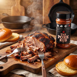 Four Saucemen The Pork Rub - pulled pork shredded on a board