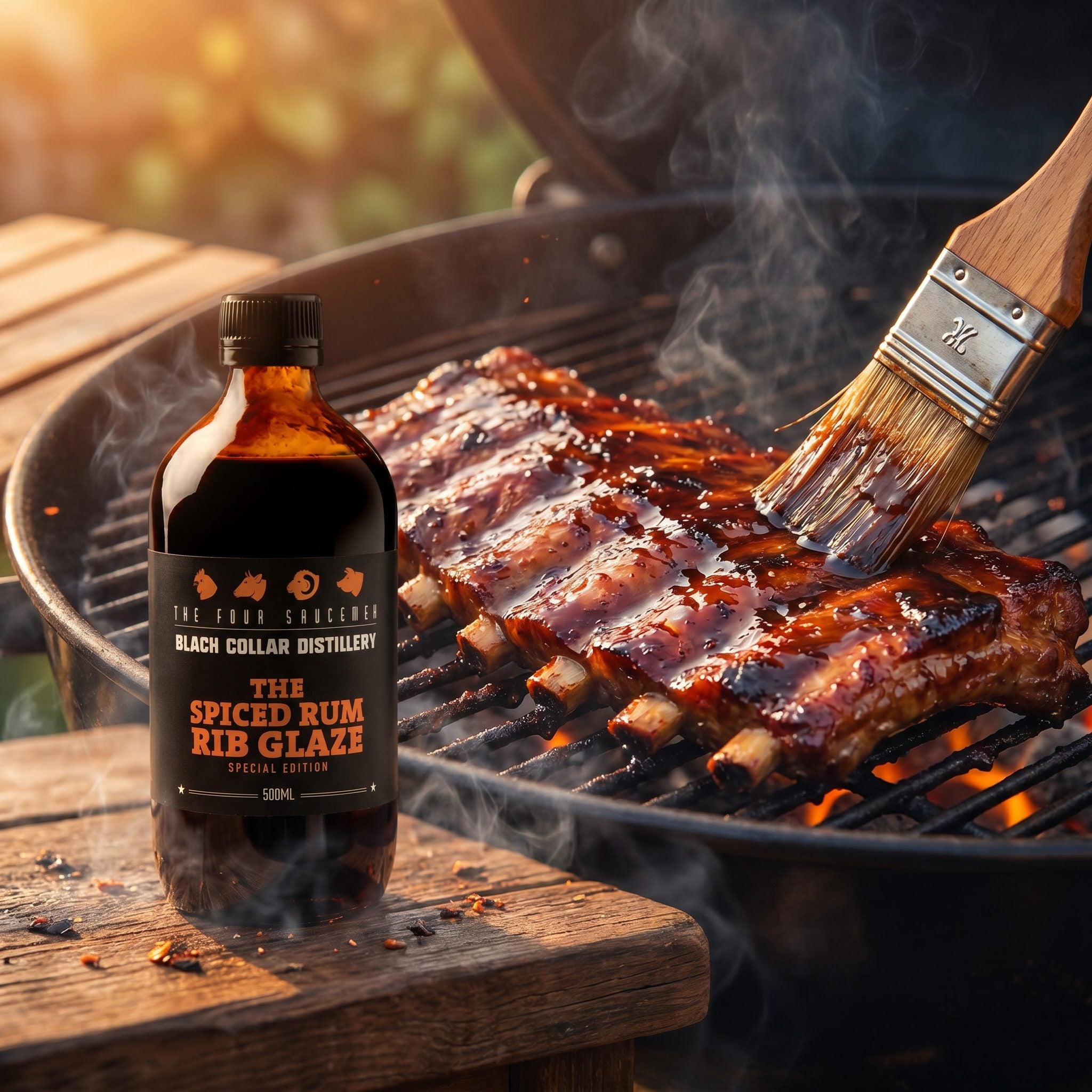 Four Saucemen The Spiced Rum Rib Glaze - pork ribs lacquered with dark spiced rum glaze on the grill