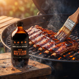 Four Saucemen The Spiced Rum Rib Glaze - pork ribs lacquered with dark spiced rum glaze on the grill