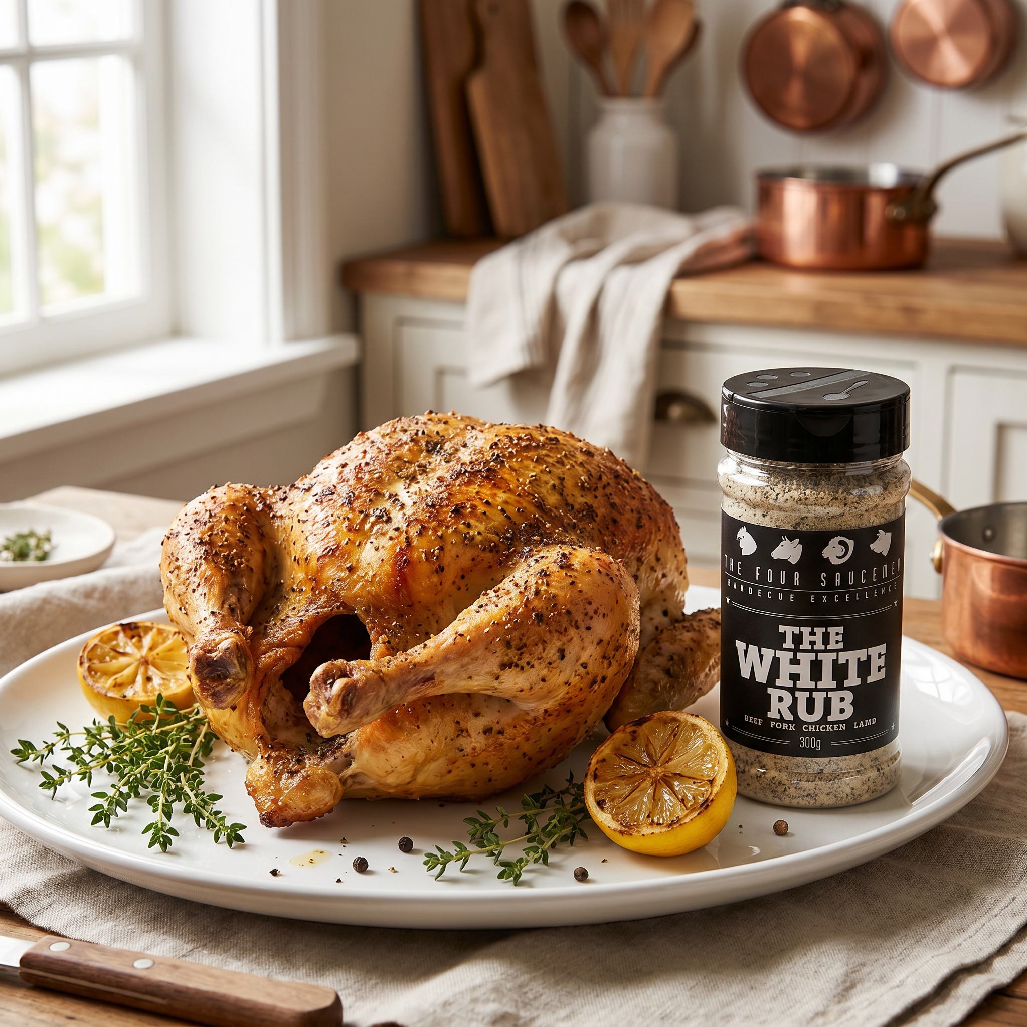 Four Saucemen The White Rub - whole roast chicken with golden seasoned skin
