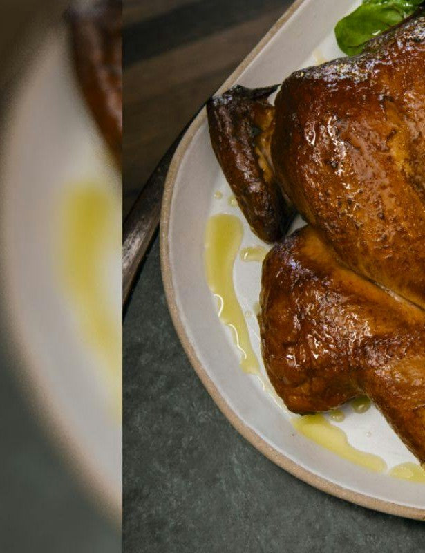 Franklin Smoke by Aaron Franklin & Jordan Mackay hardback cookbook — mahogany smoked chicken with salad