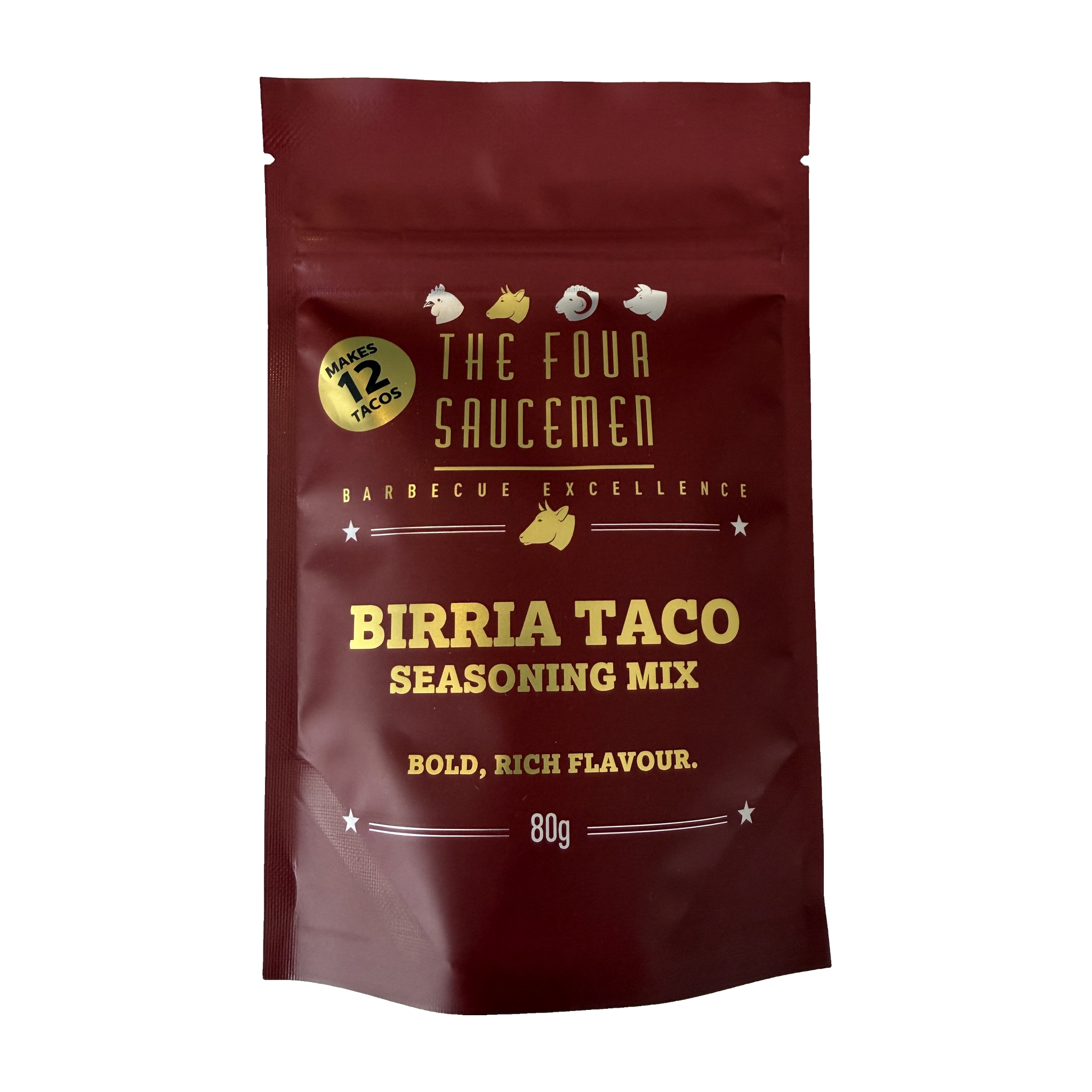 Four Saucemen Birria Taco Seasoning Mix 80g, front of burgundy pouch
