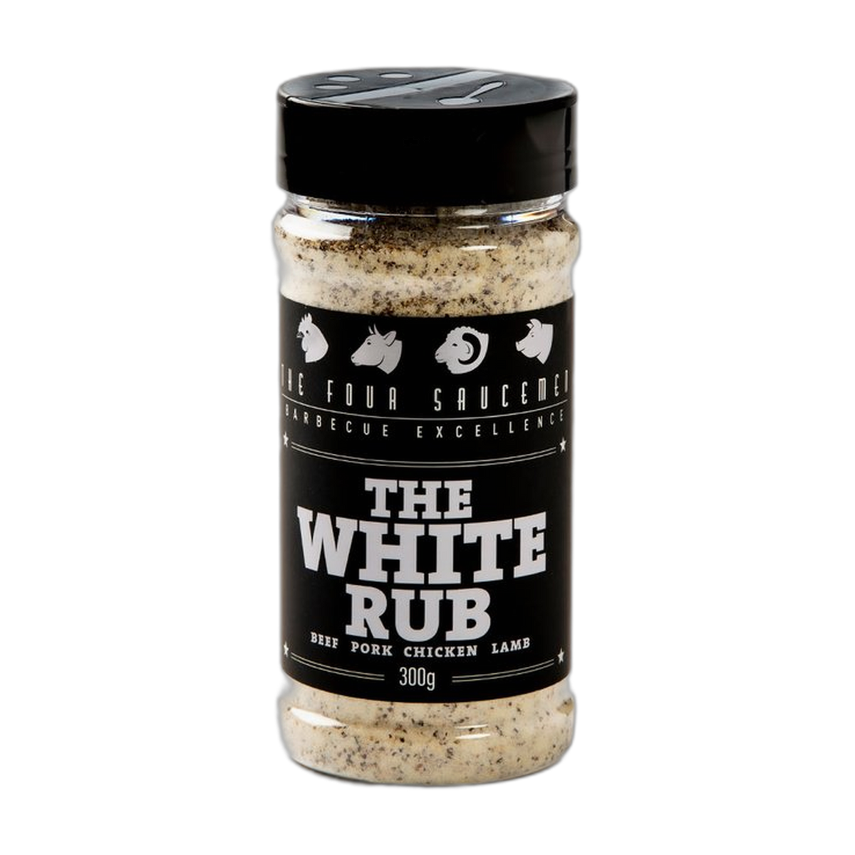Four Saucemen The White Rub 300g all-purpose BBQ rub, front of shaker