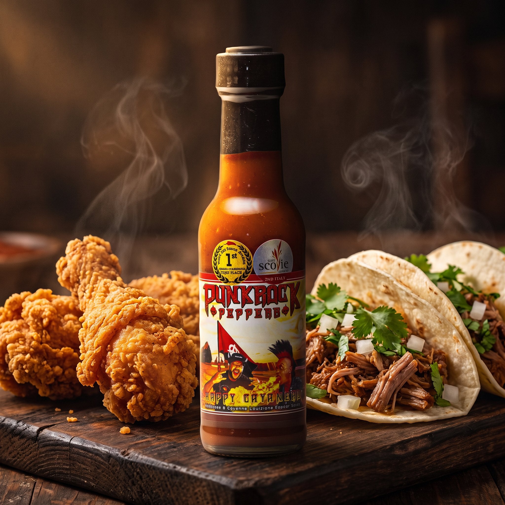 Punk Rock Peppers Happy Cayanero hot sauce styled with fried chicken and tacos