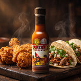 Punk Rock Peppers Happy Cayanero hot sauce styled with fried chicken and tacos