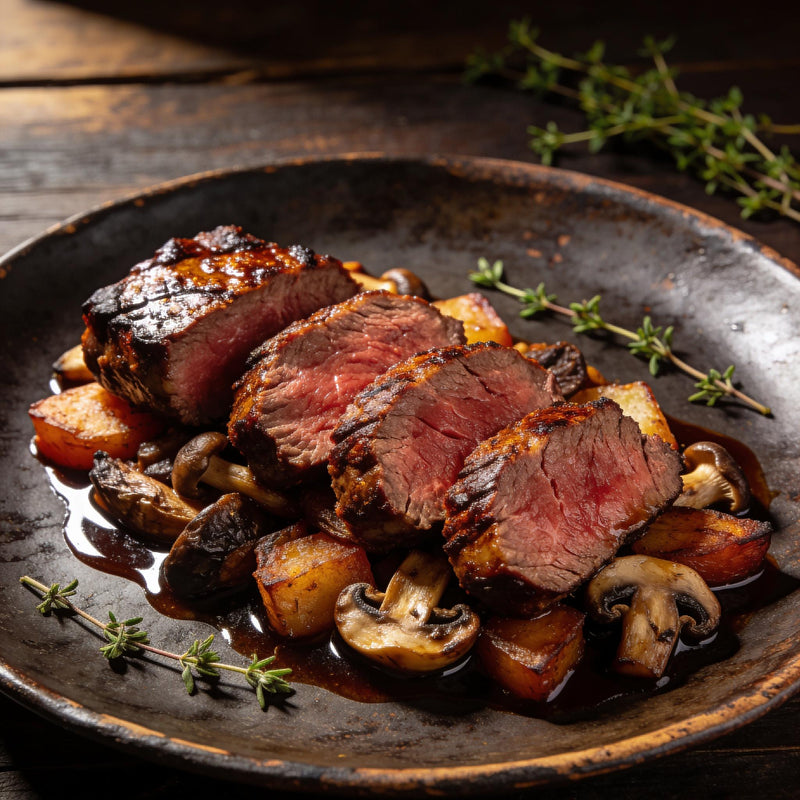 Wild & Game seared venison loin plated with roasted vegetables and mushrooms lifestyle photo