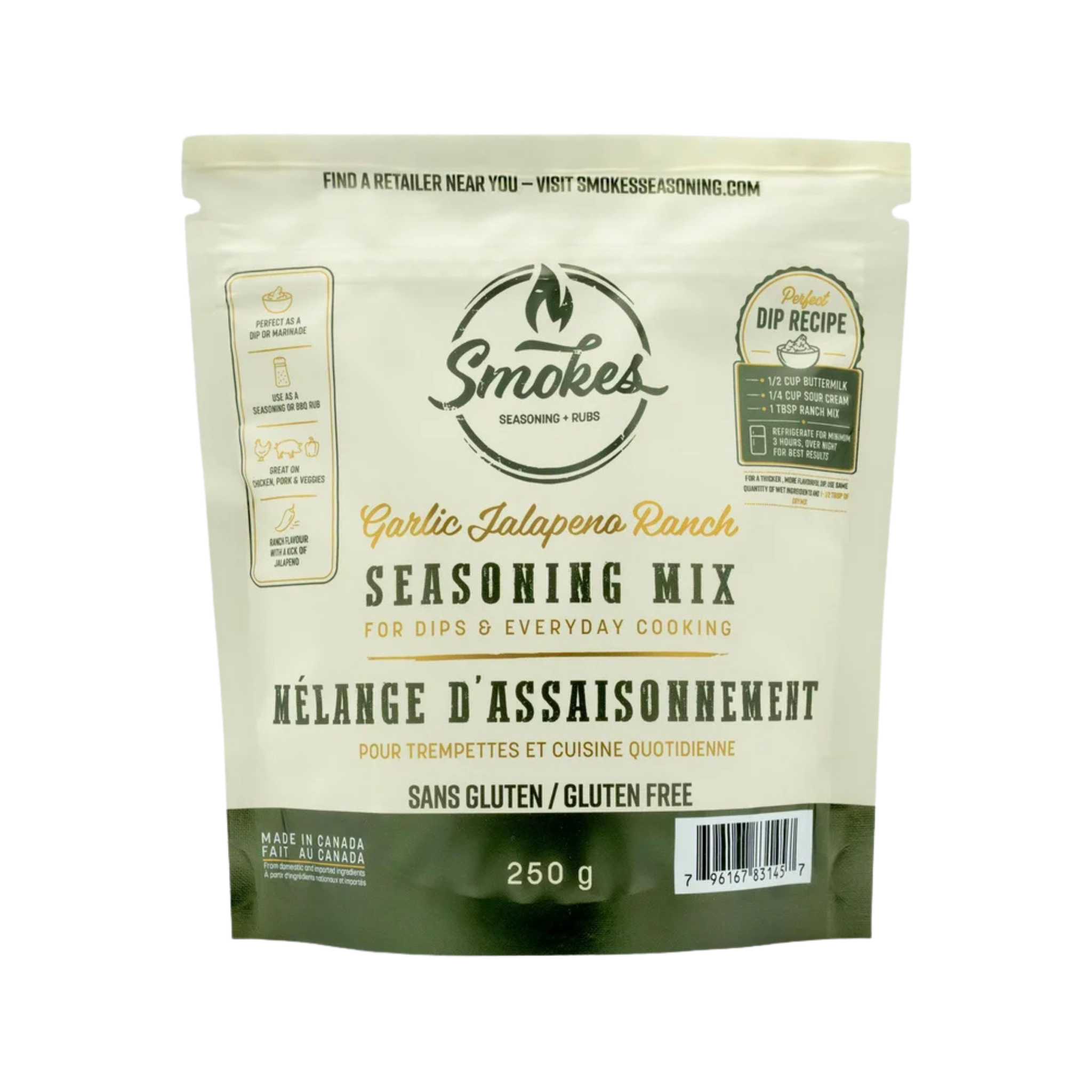 Smokes Seasoning Garlic Jalapeño Ranch Seasoning Mix 250g pouch, front - official product photography