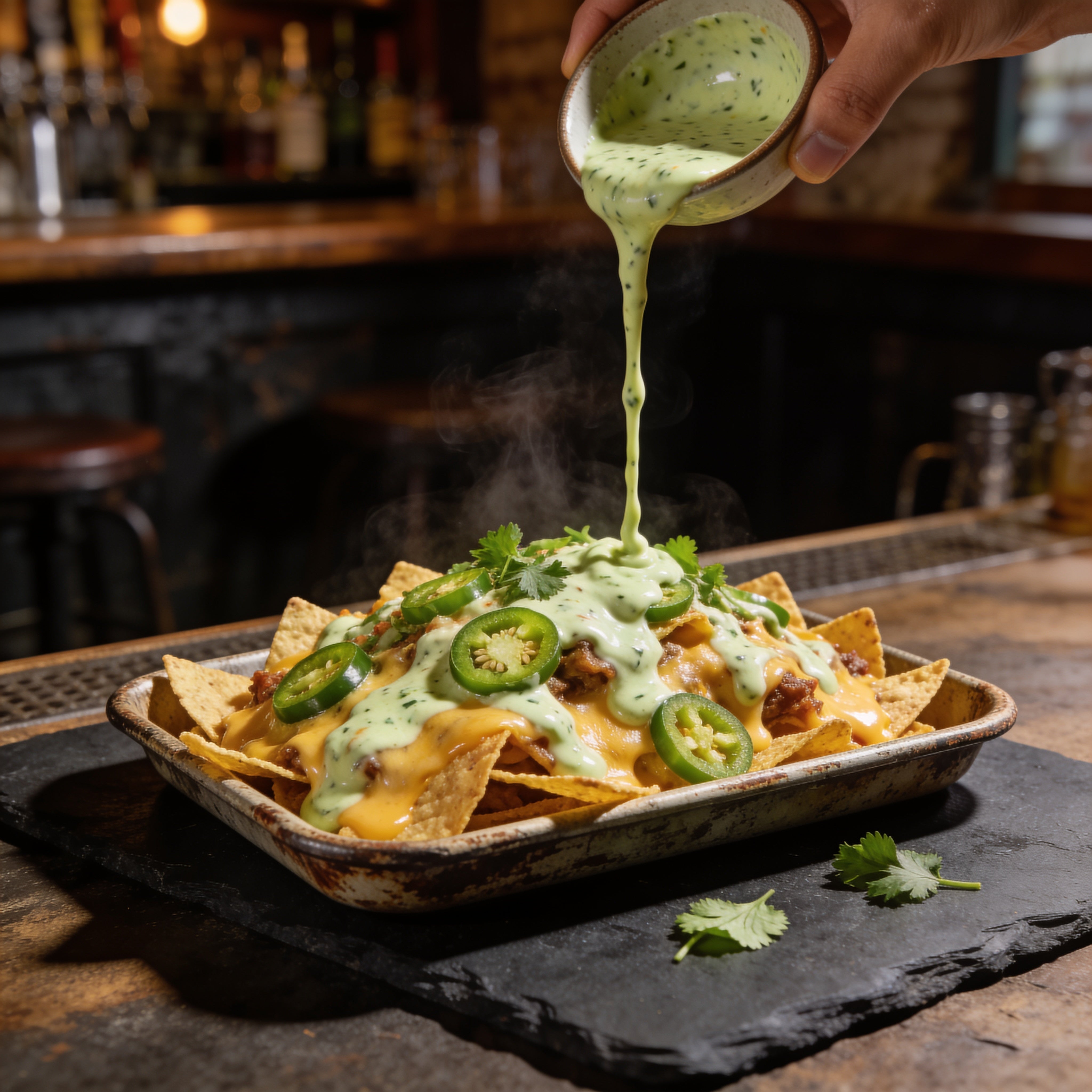 Smokes Seasoning Garlic Jalapeño Ranch drizzled over loaded nachos