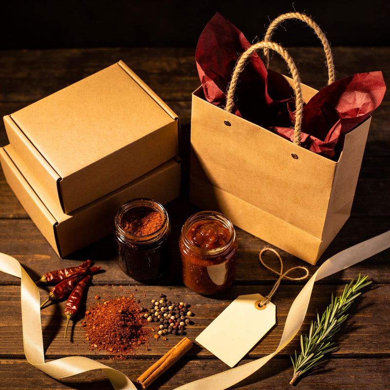 A barbecue gift spread coming together on a wooden bench - kraft gift boxes and bag, jars of rub and chutney, ribbon and a blank gift tag lifestyle photo