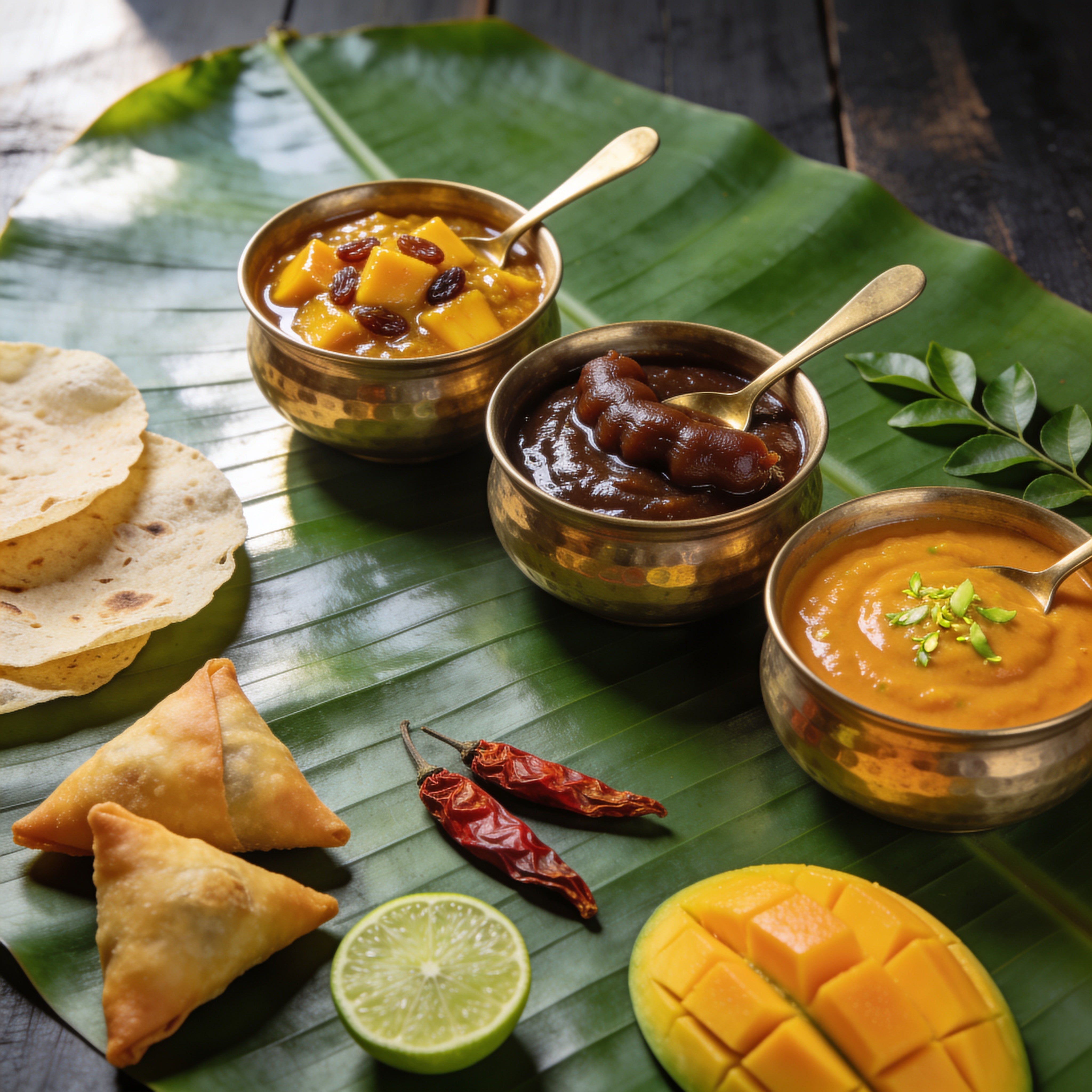 Goan Cuisine Chutney Trio bundle — mango, tamarind and mango lime chutneys in brass bowls on banana leaf