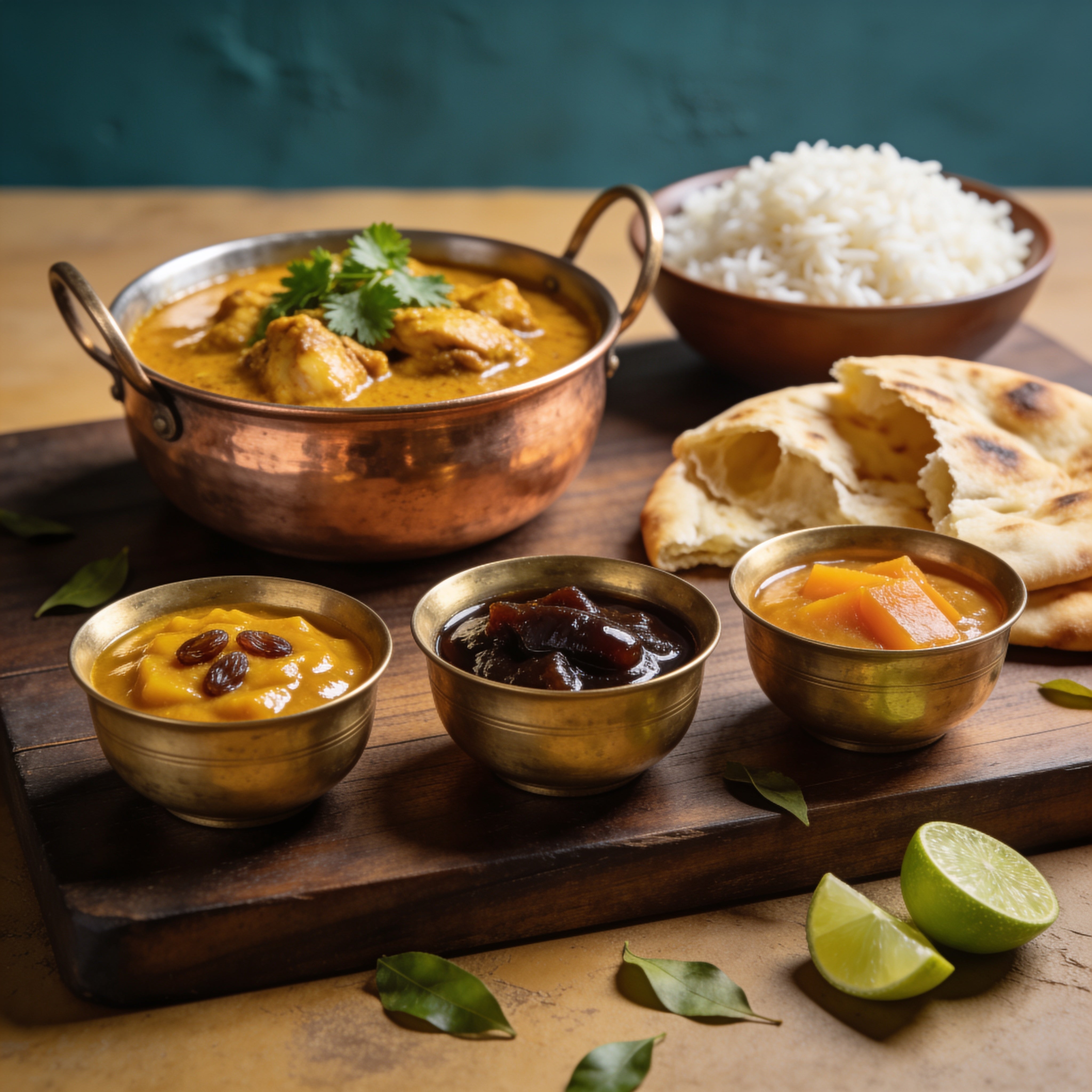 Goan Cuisine Chutney Trio bundle — three chutneys on a curry night table with chicken curry, rice and naan