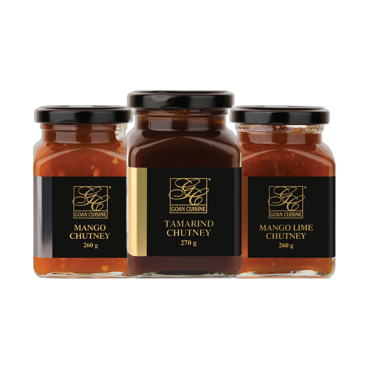 Goan Cuisine Chutney Trio Pick Any 3 bundle — Mango, Tamarind and Mango Lime Chutney jars on transparent background