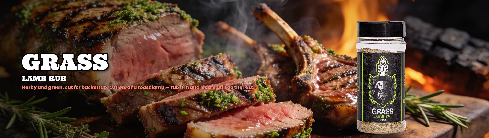 SinsQue Grass Lamb Rub 210g lamb rub — grilled herb-crusted lamb cutlets and backstrap with product shaker