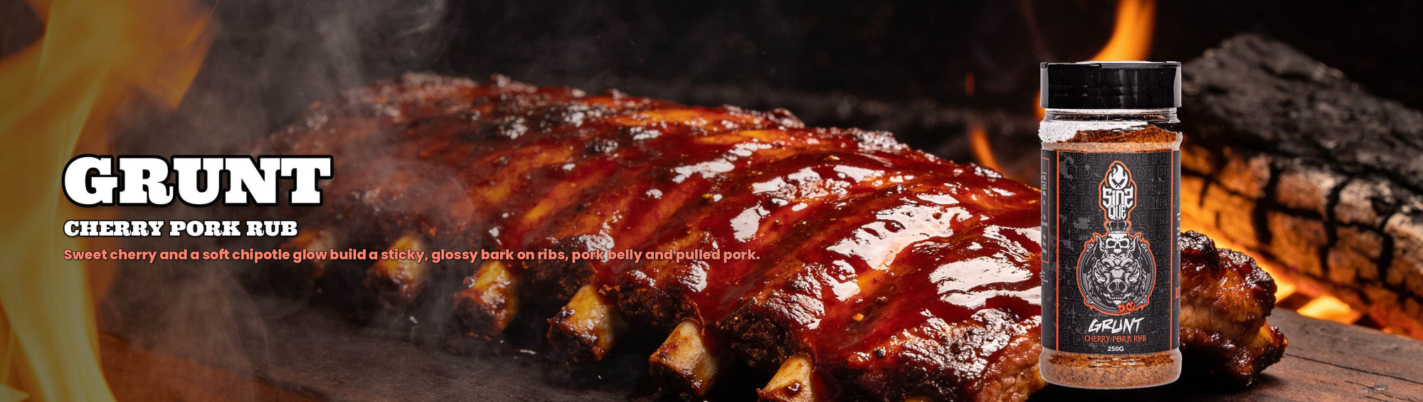 SinsQue Grunt Cherry Pork Rub 250g pork rub — glossy cherry-glazed ribs with product shaker over open fire