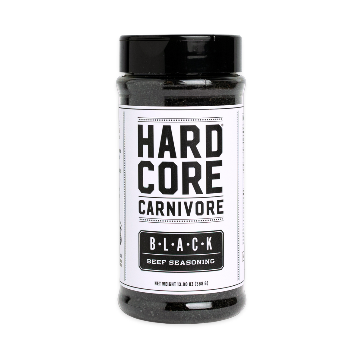 Hardcore Carnivore Black beef rub 368g shaker, front of pack on transparent background