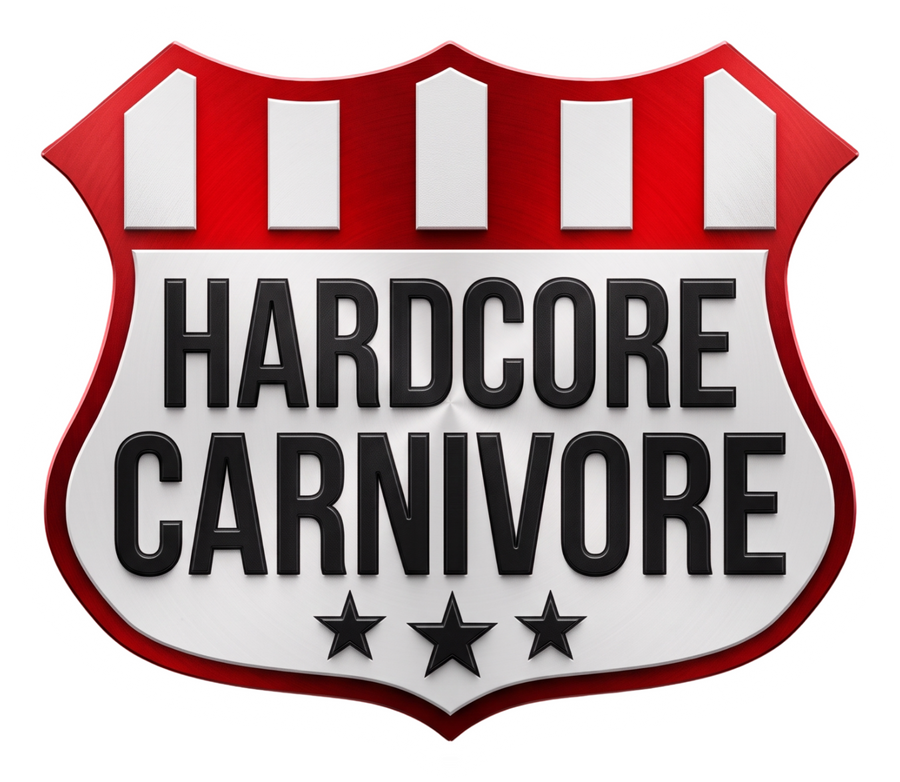 Hardcore Carnivore brand logo, red and white shield crest with three stars, on transparent background