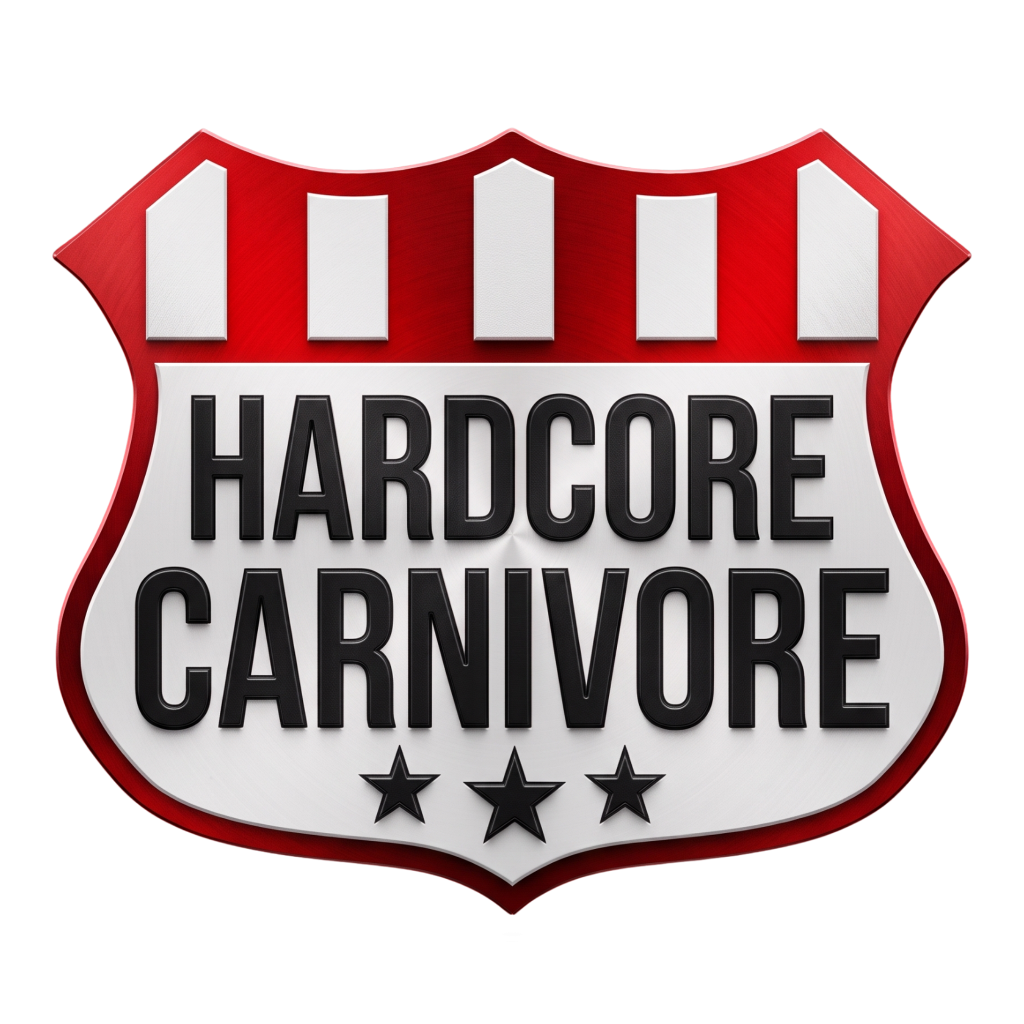 Hardcore Carnivore brand logo, red and white shield crest with three stars, on transparent background