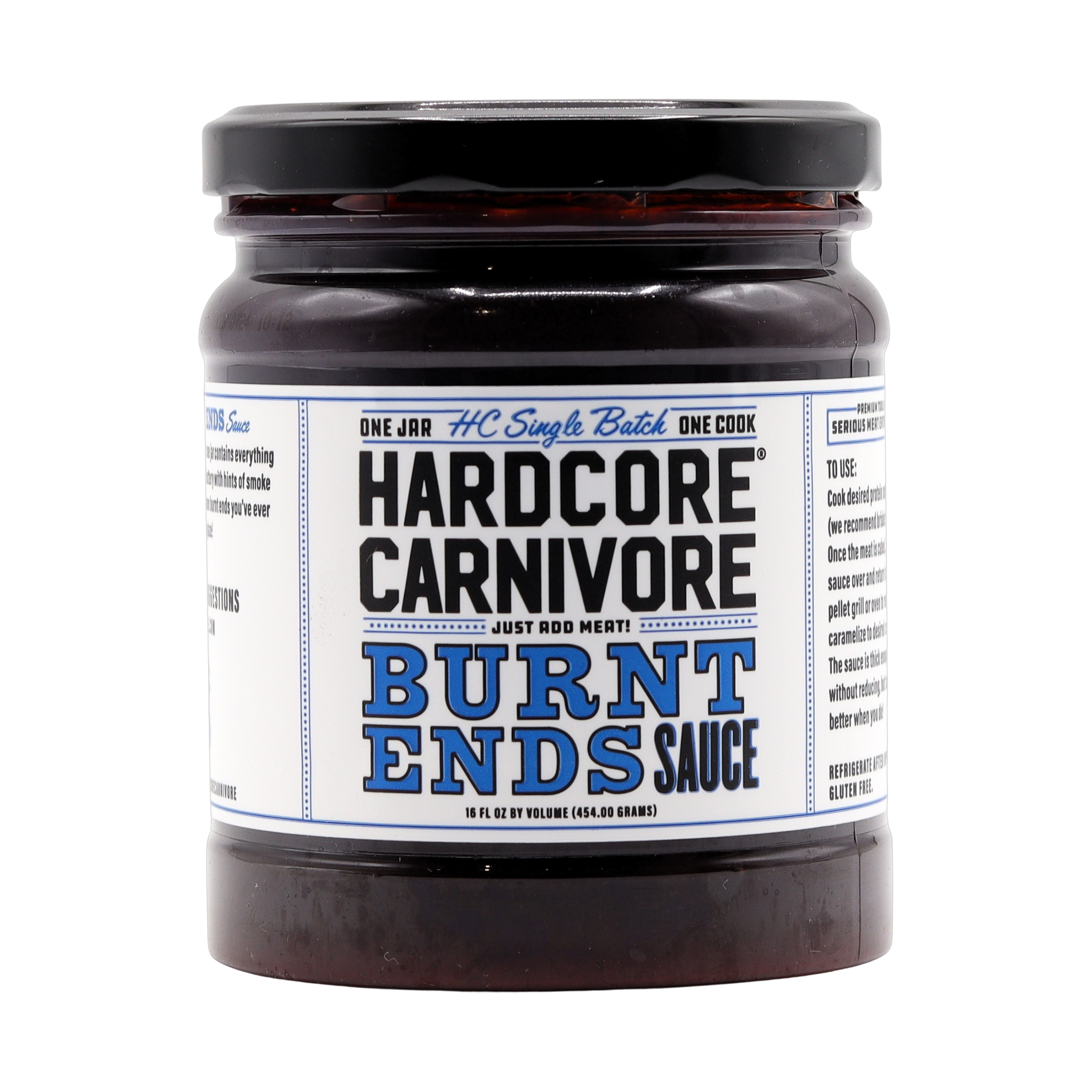 Hardcore Carnivore Burnt Ends BBQ sauce 454g jar, front of pack on transparent background