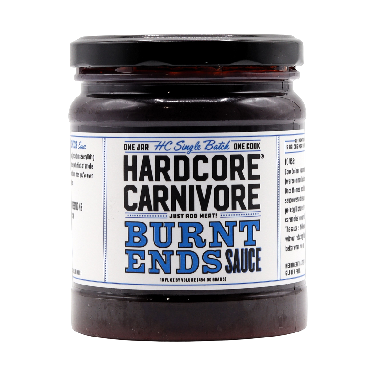 Hardcore Carnivore Burnt Ends BBQ sauce 454g jar, front of pack on transparent background