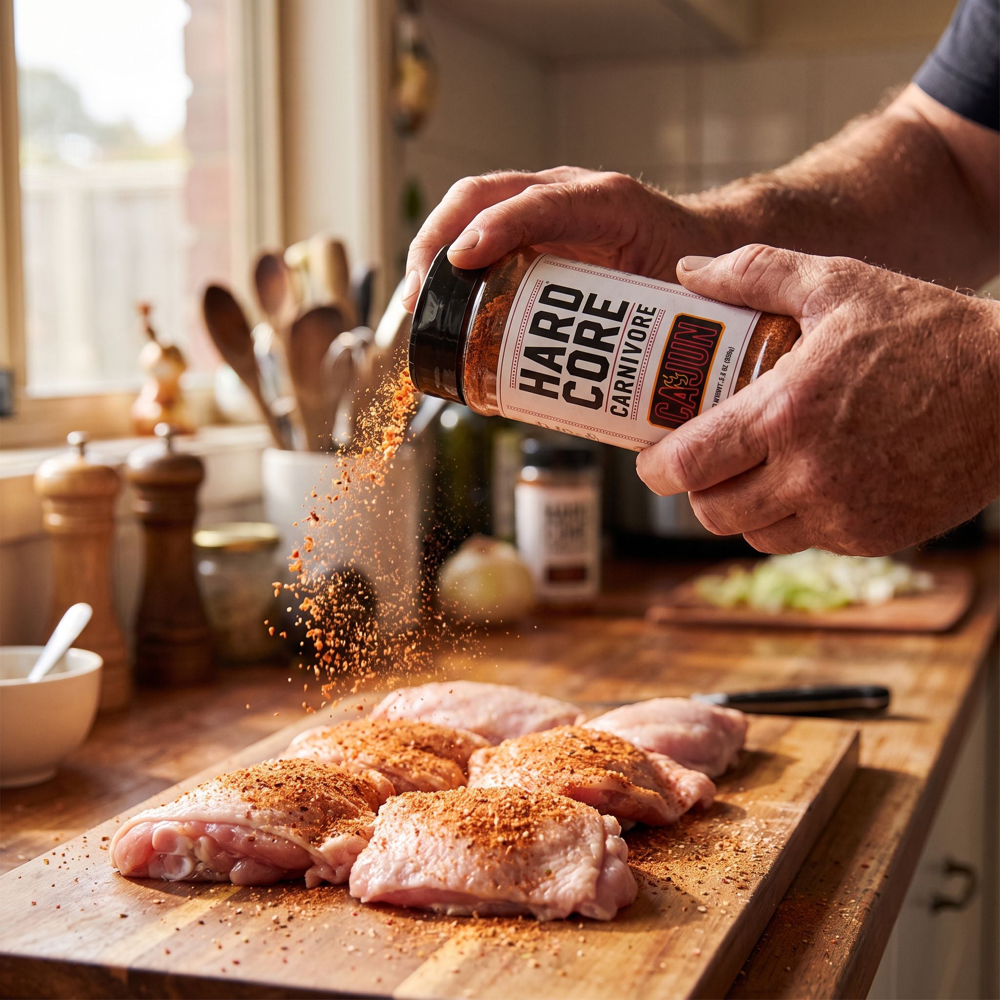 Hardcore Carnivore Cajun Rub — home cook seasoning raw chicken from the shaker