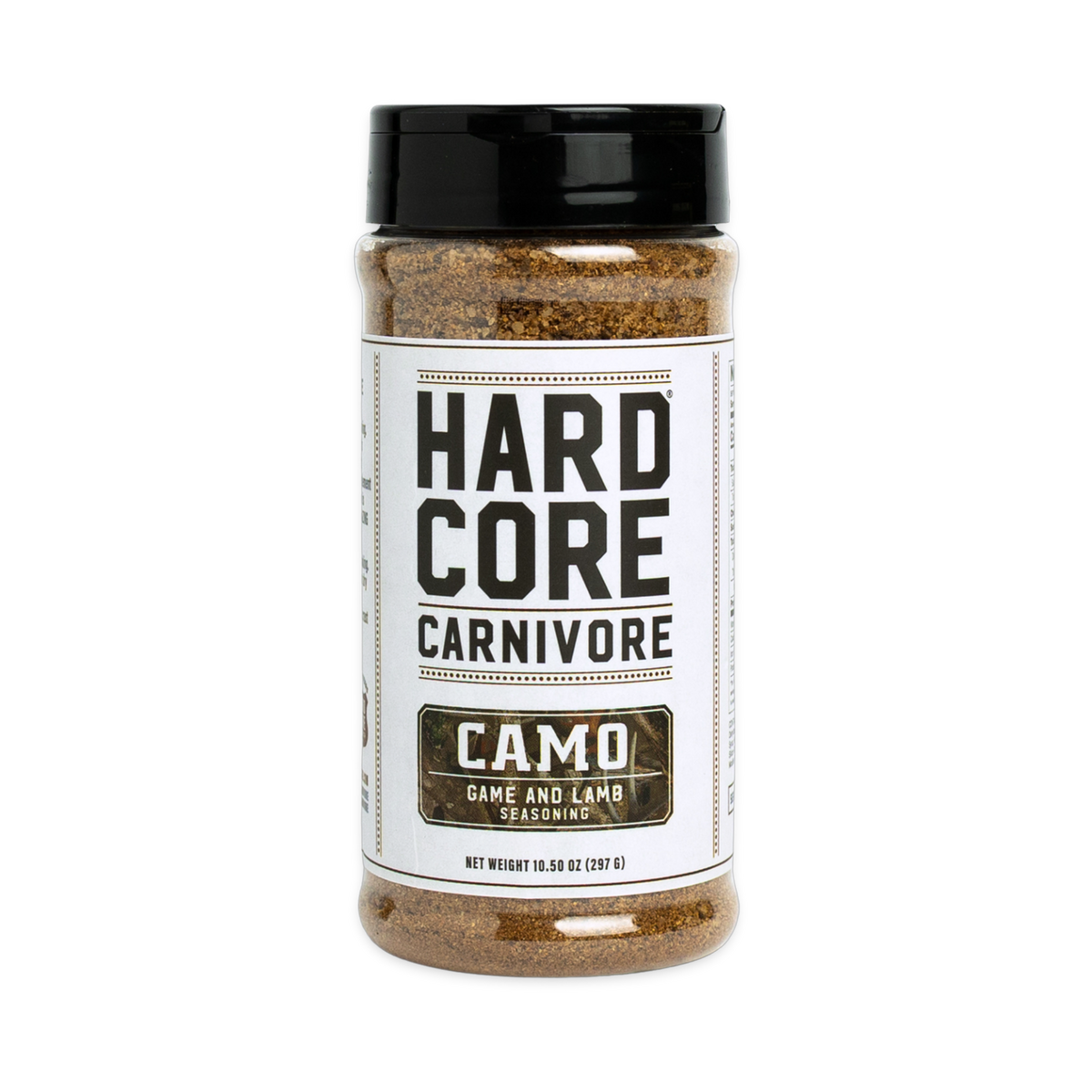 Hardcore Carnivore Camo game and lamb rub 297g shaker, front of pack on transparent background