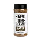 Hardcore Carnivore Camo game and lamb rub 297g shaker, front of pack on transparent background