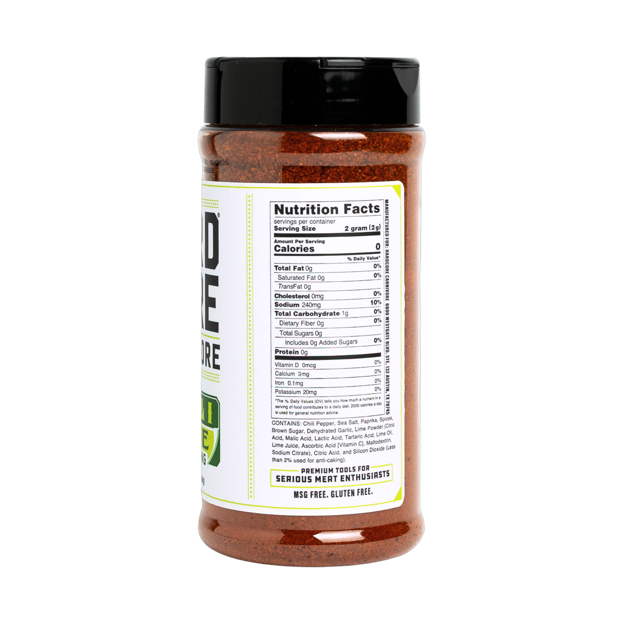 Hardcore Carnivore Chilli Lime rub, nutrition information side of pack