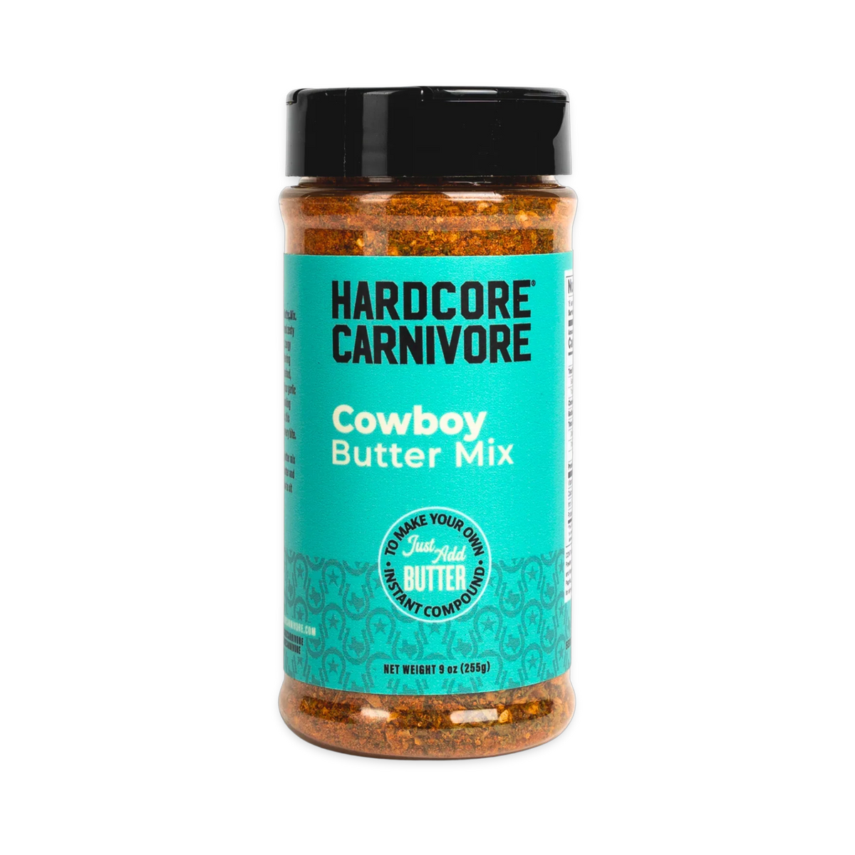 Hardcore Carnivore Cowboy Butter Mix 255g — front of shaker on transparent background