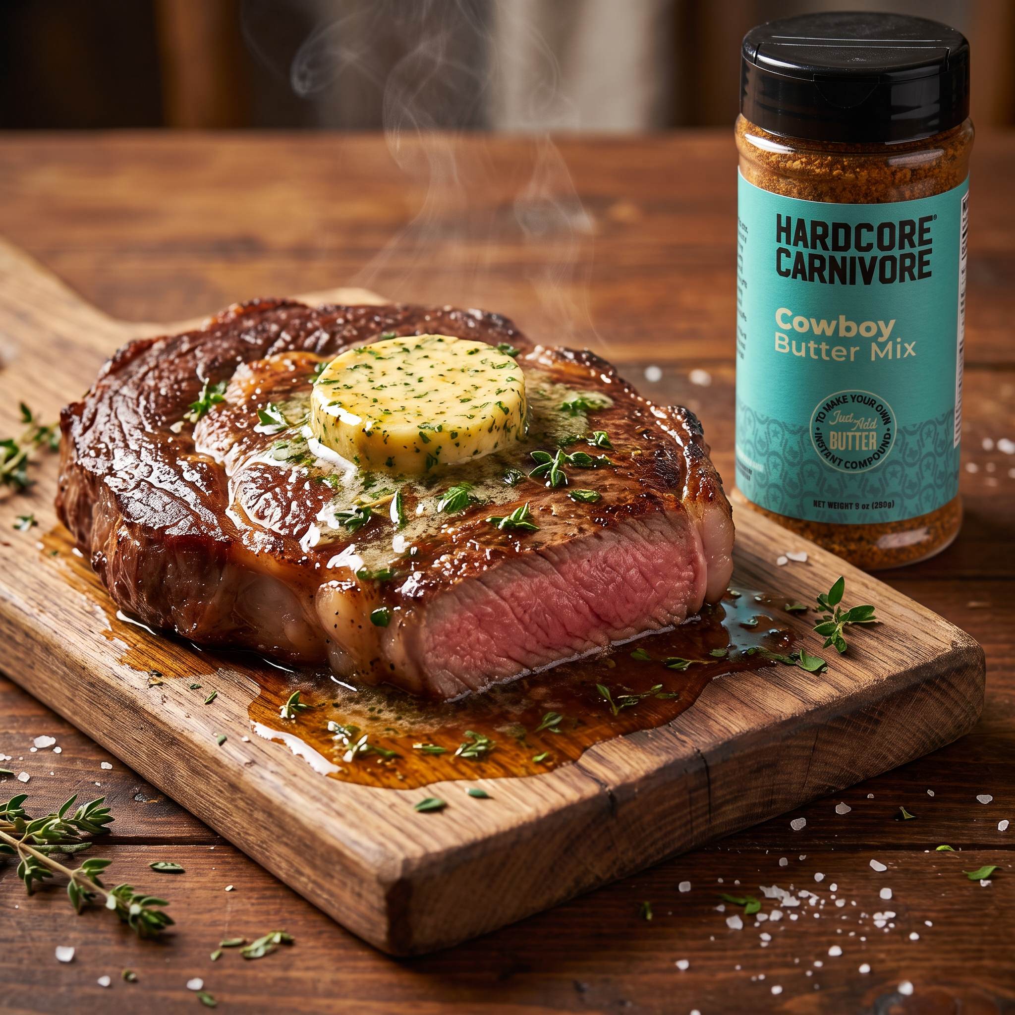 Hardcore Carnivore Cowboy Butter Mix — seared steak topped with melting compound butter beside the pack
