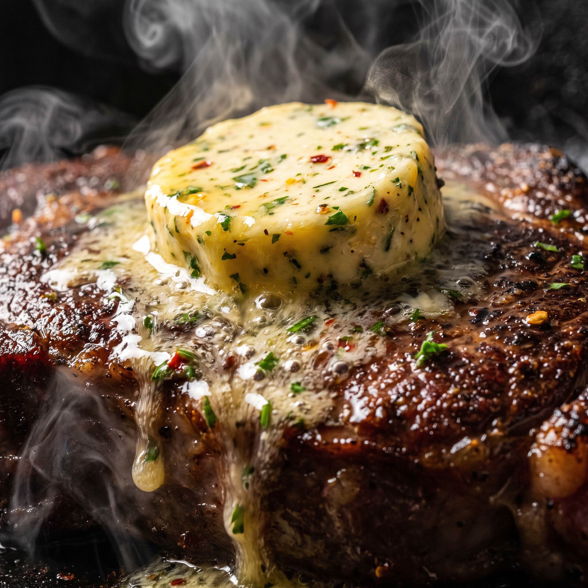 Hardcore Carnivore Cowboy Butter Mix — herb compound butter melting over a hot steak