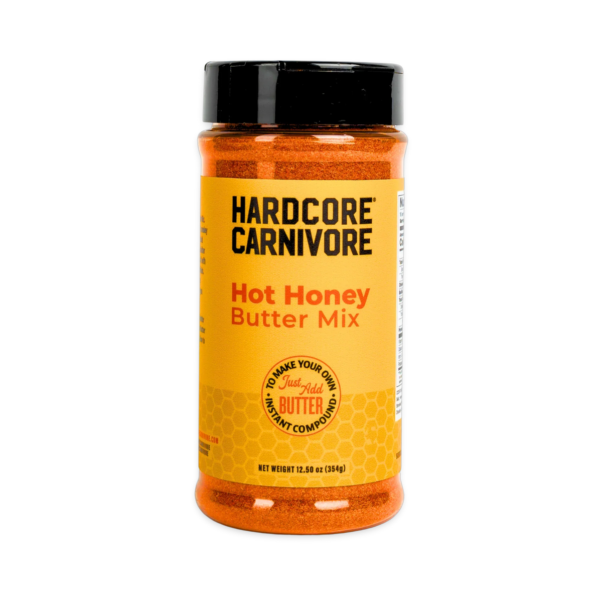 Hardcore Carnivore Hot Honey Butter Mix 354g — front of shaker on transparent background