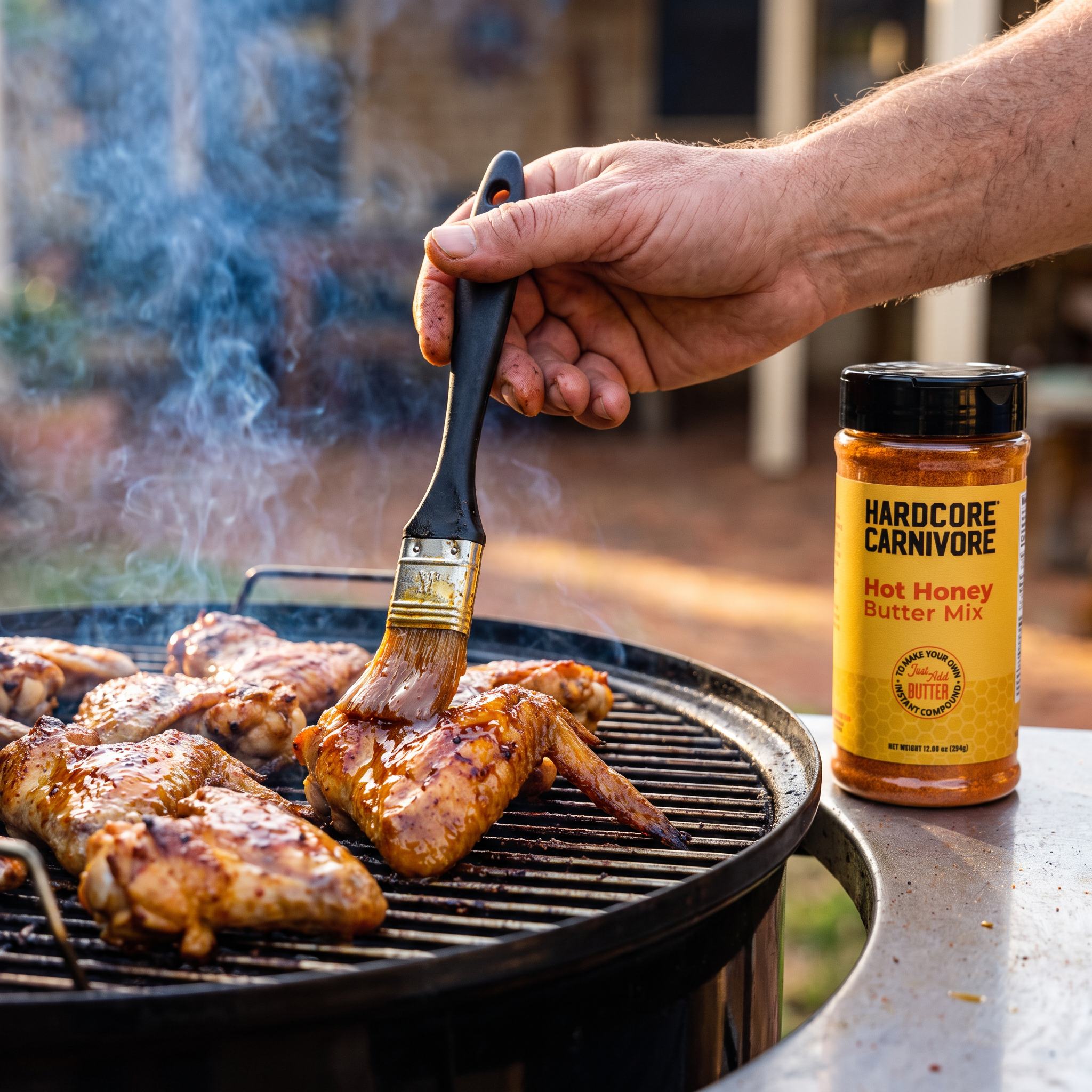Hardcore Carnivore Hot Honey Butter Mix — brushing hot honey butter over wings on the grill