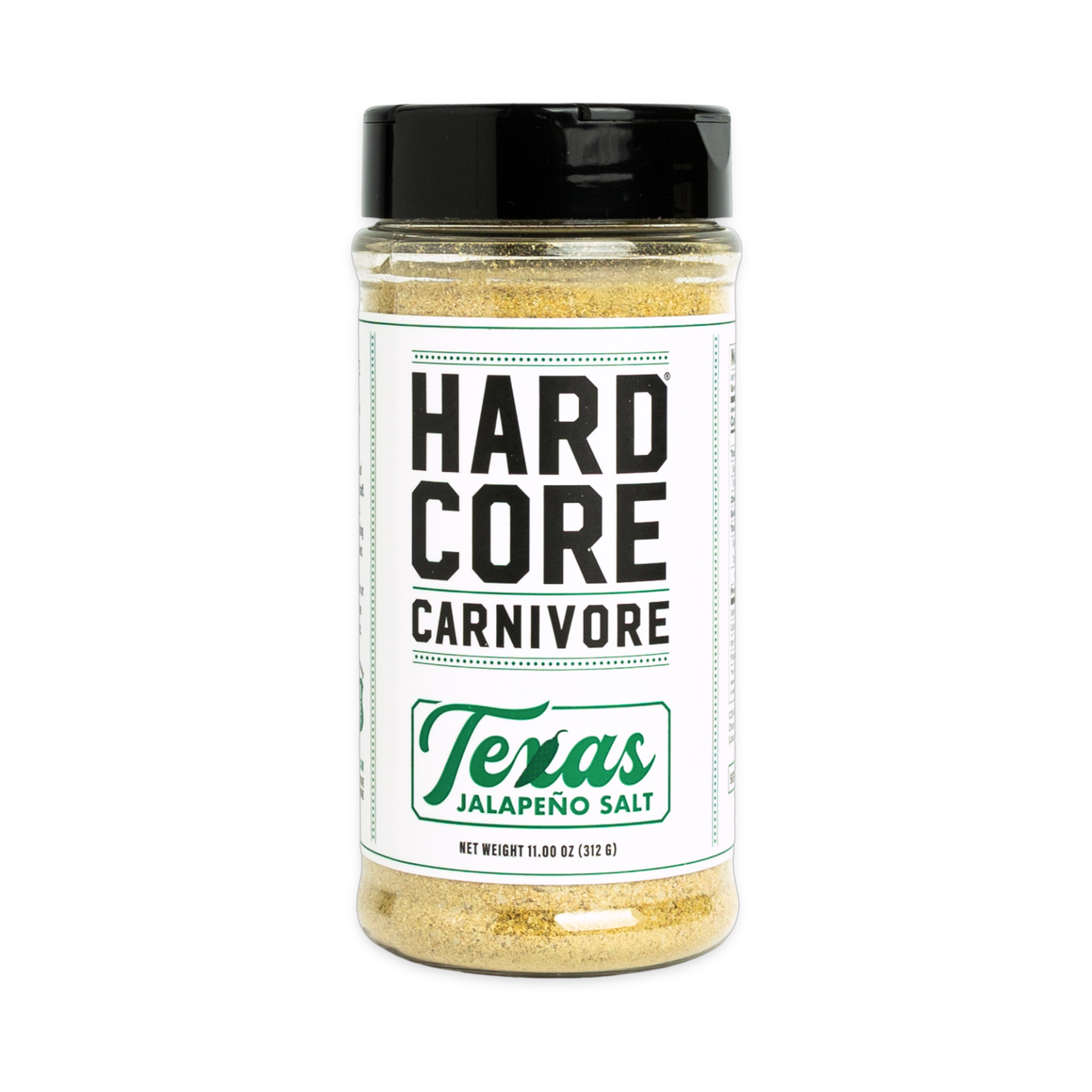 Hardcore Carnivore Texas Jalapeno Salt 312g shaker, front of pack on transparent background