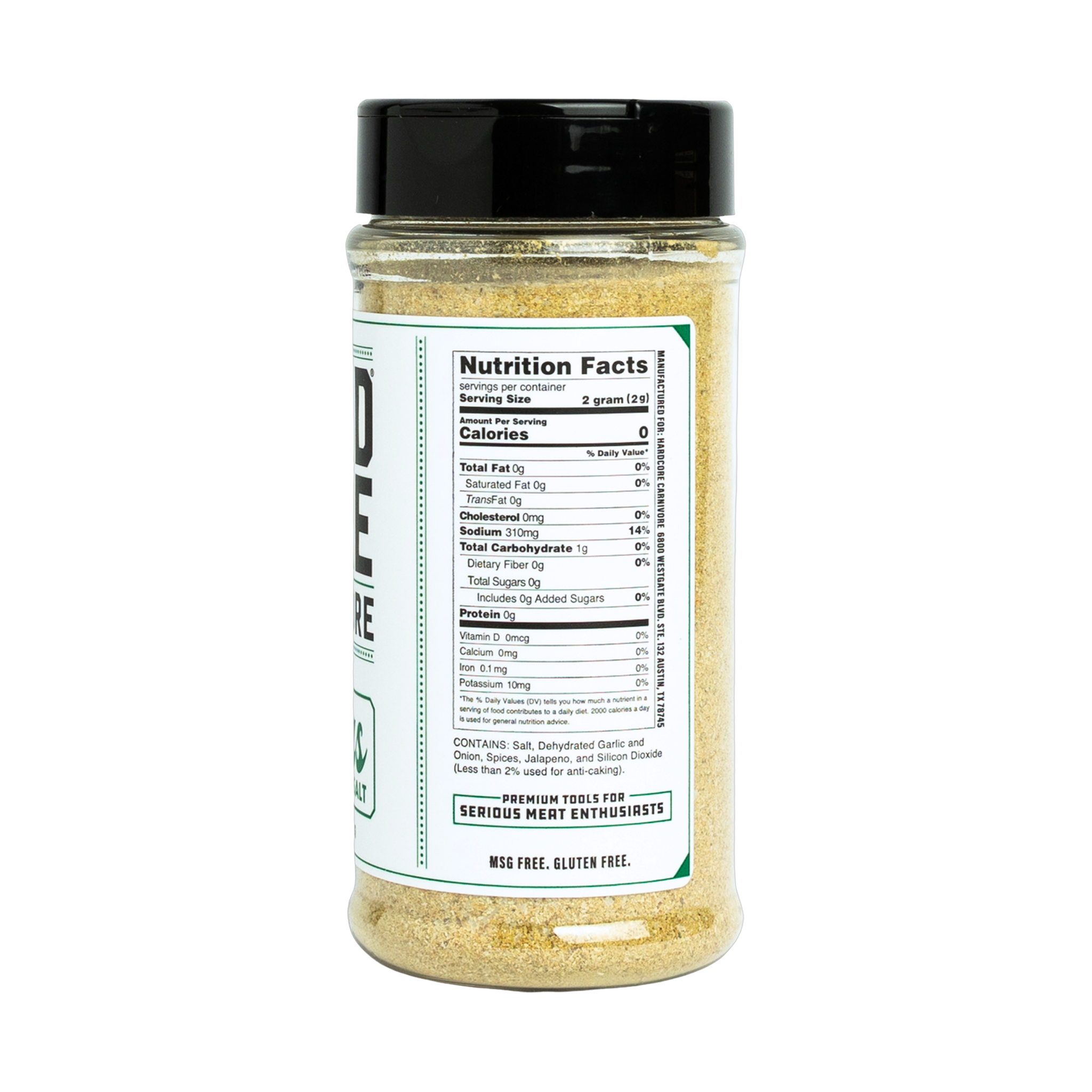 Hardcore Carnivore Texas Jalapeno Salt, nutrition information side of pack
