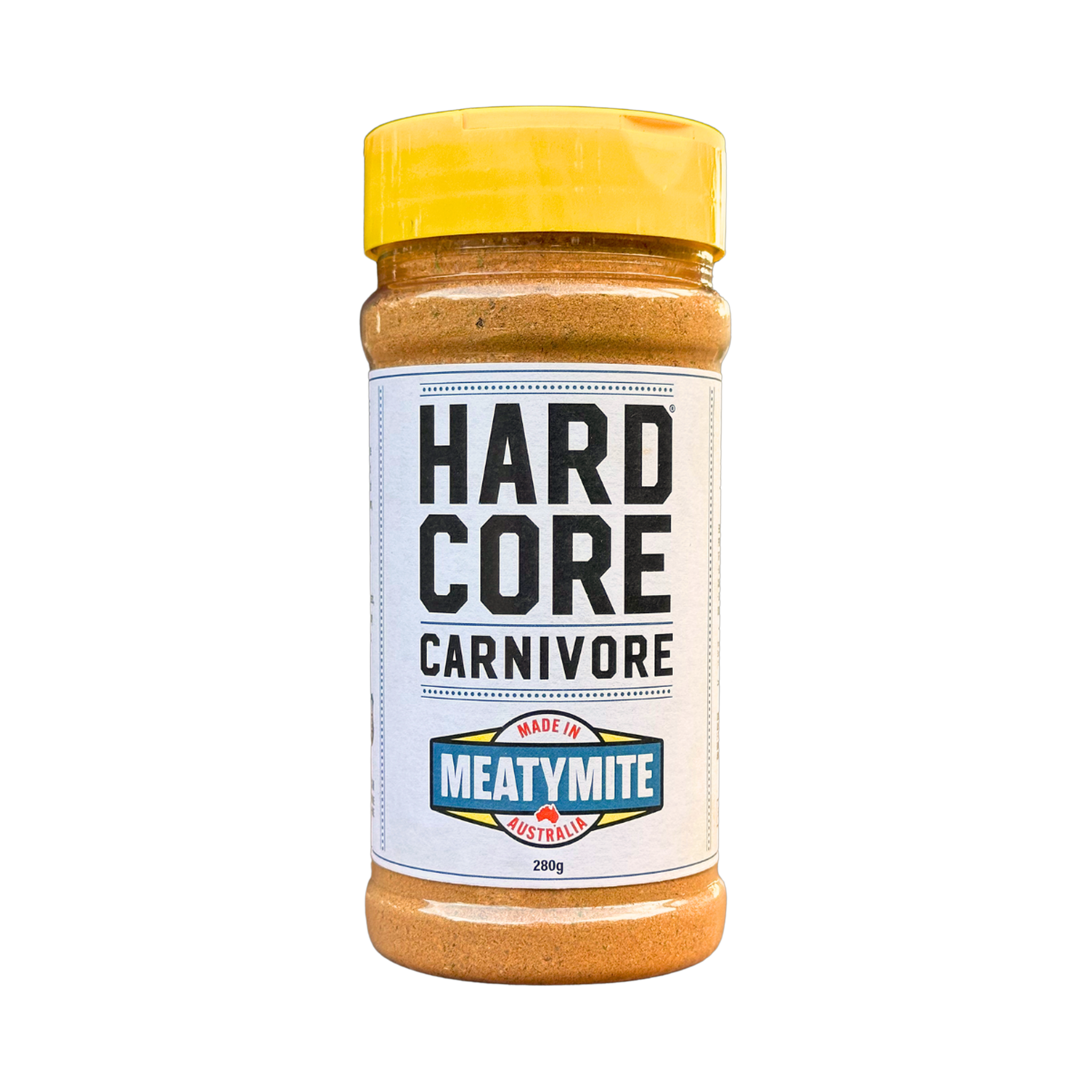 Hardcore Carnivore MeatyMite All-Purpose Rub 280g — front of shaker on transparent background