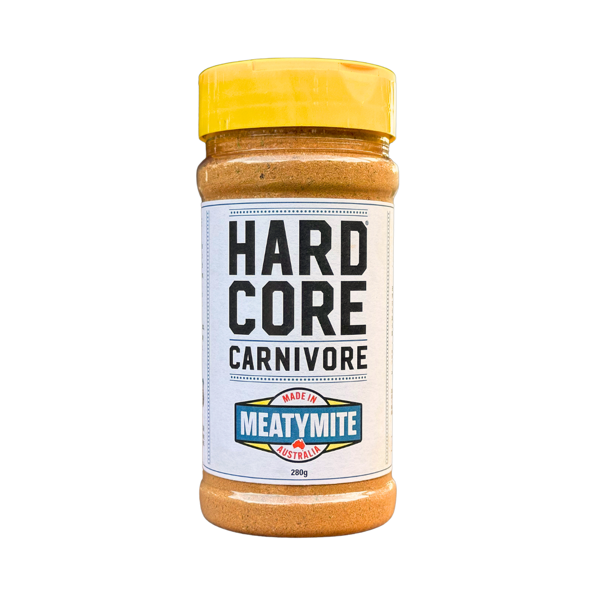 Hardcore Carnivore MeatyMite All-Purpose Rub 280g — front of shaker on transparent background