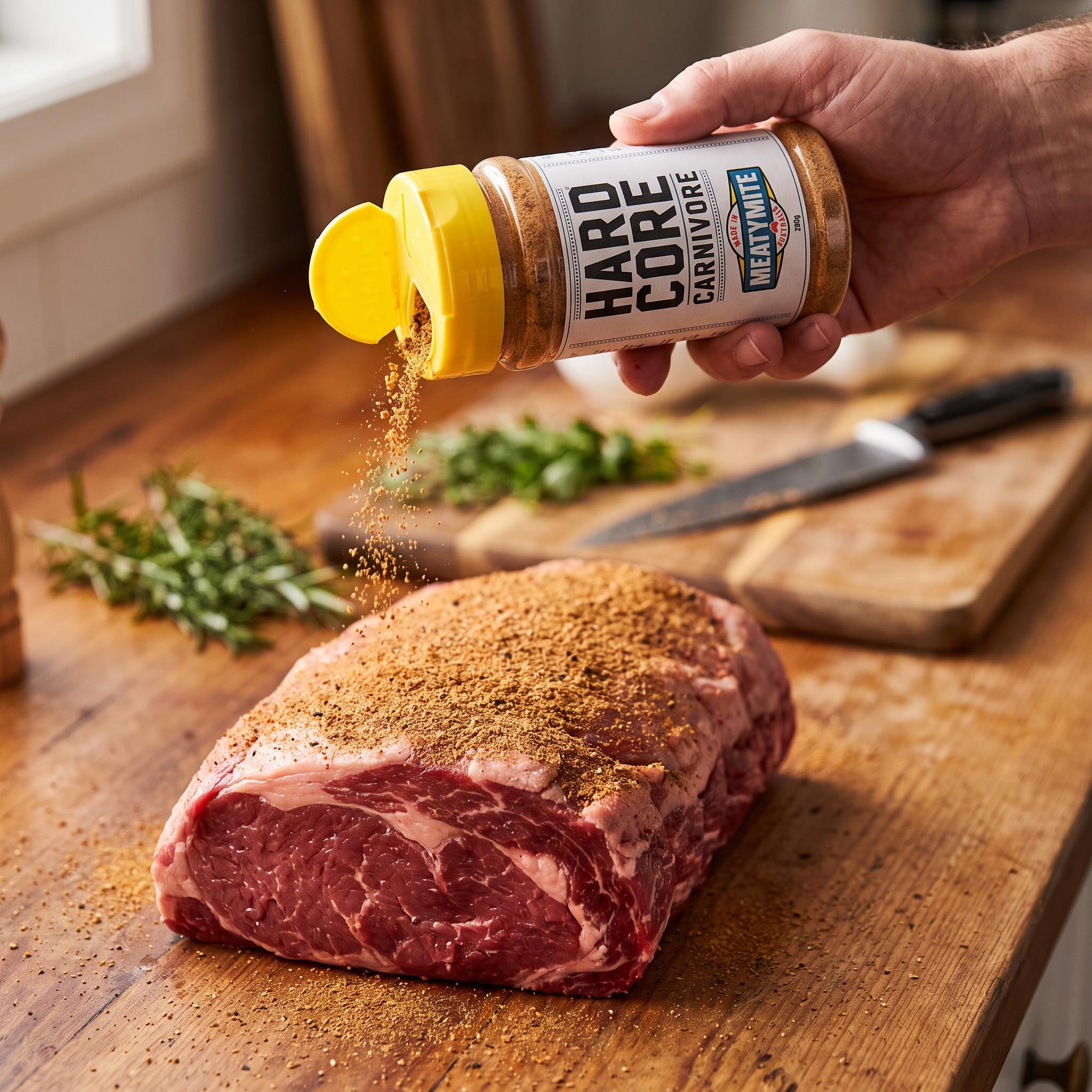 Hardcore Carnivore MeatyMite All-Purpose Rub — seasoning a raw beef steak from the shaker