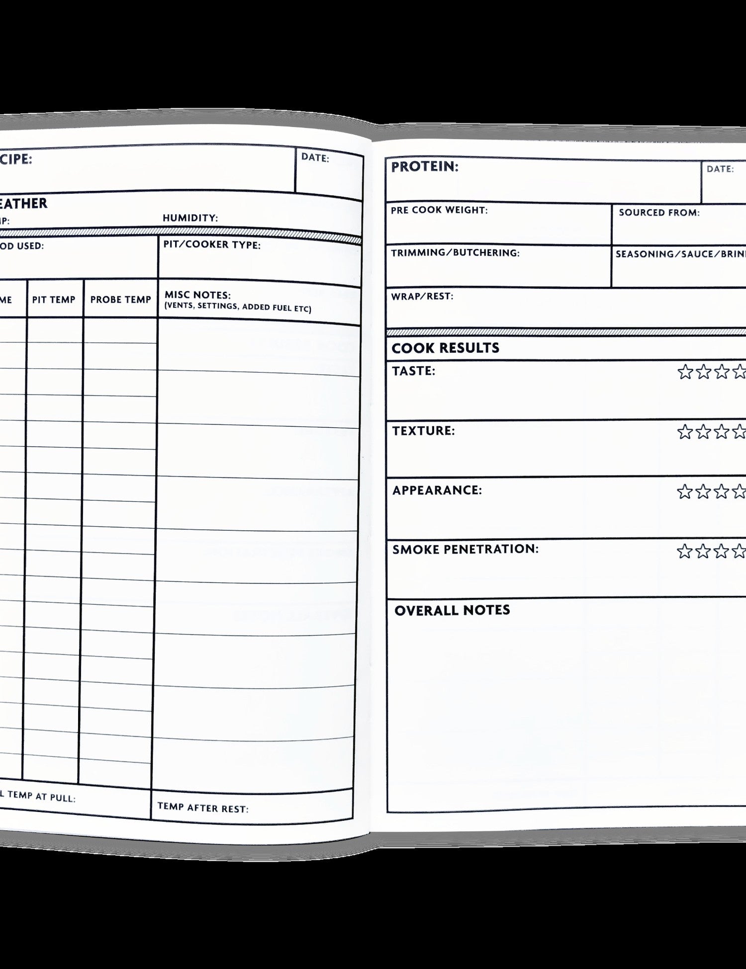 Pitmaster's Logbook by Jess Pryles stone paper logbook — open cook template with weather, pit and results fields