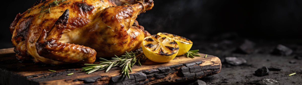Hardcore Carnivore Poultry Rub beside a whole herb-roasted chicken with charred lemon halves and fresh rosemary on a smoking charcoal board