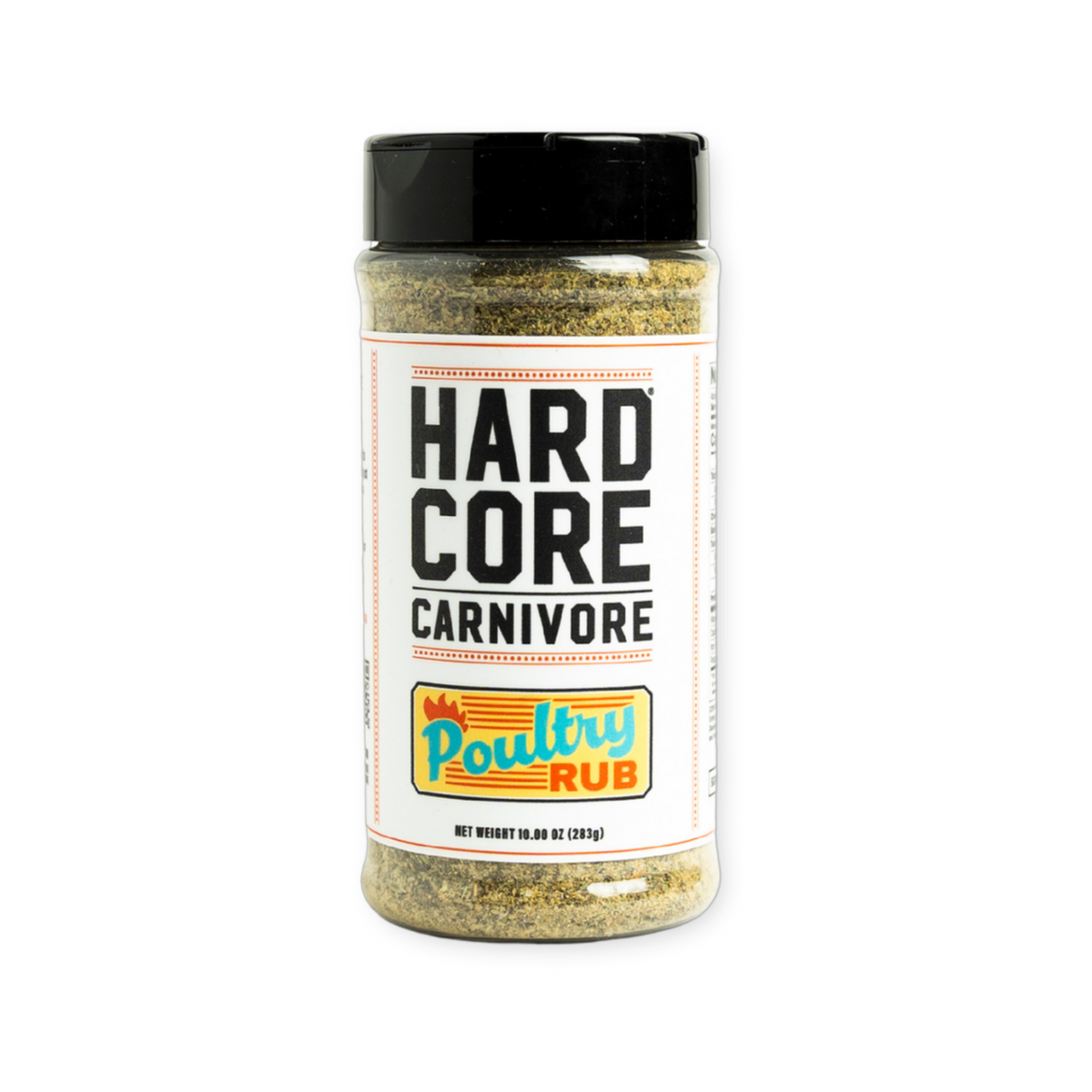 Hardcore Carnivore Poultry Rub 335g shaker, front of pack on transparent background