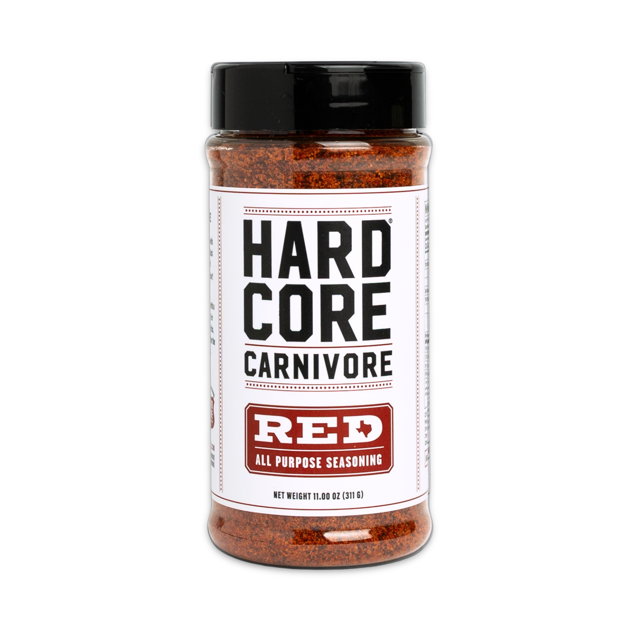 Hardcore Carnivore Red all-purpose rub 311g shaker, front of pack on transparent background