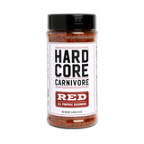 Hardcore Carnivore Red all-purpose rub 311g shaker, front of pack on transparent background