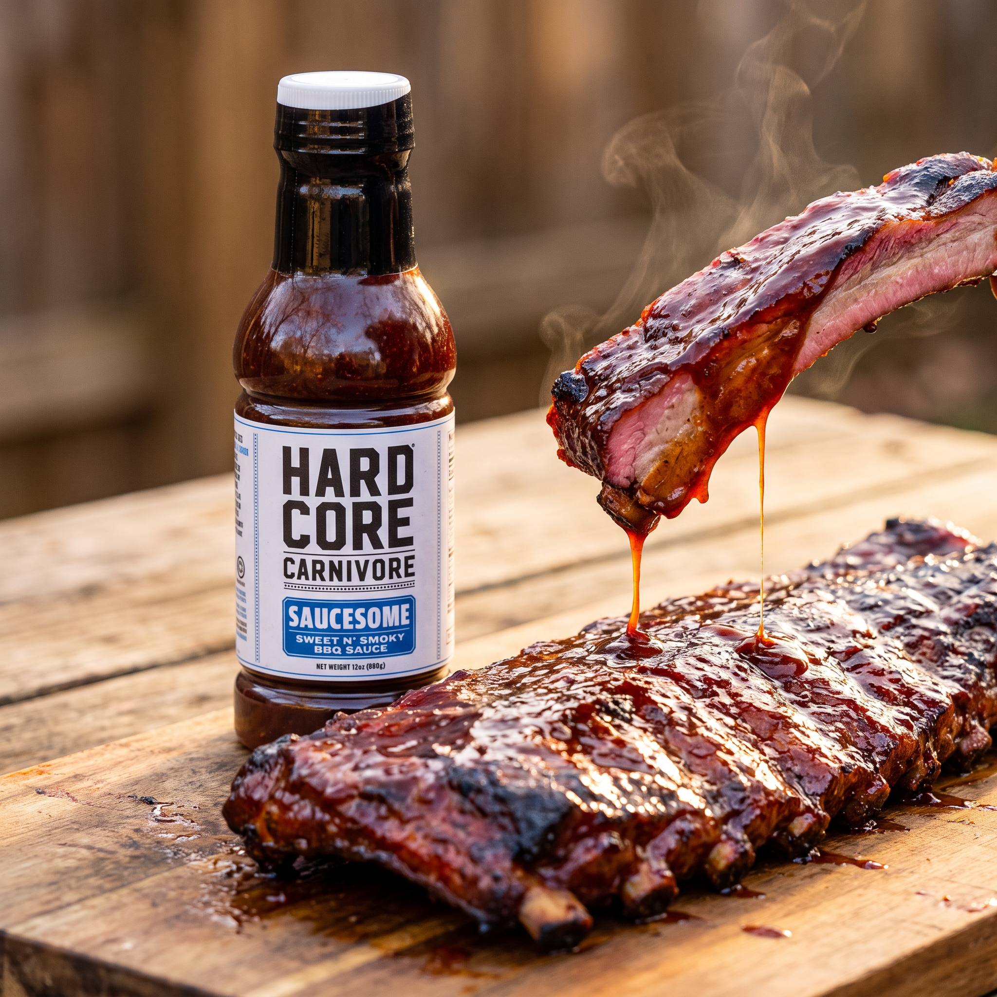 Hardcore Carnivore Saucesome BBQ Sauce — glazed pork ribs on a board beside the bottle