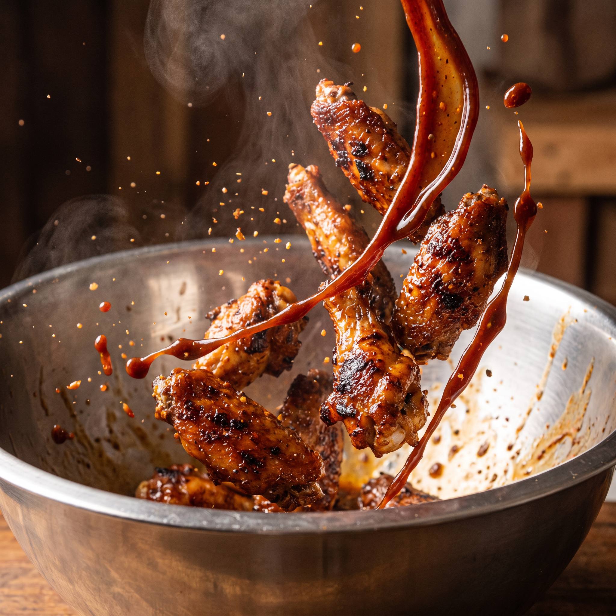 Hardcore Carnivore Saucesome BBQ Sauce — wings tossed in sticky BBQ sauce mid-air